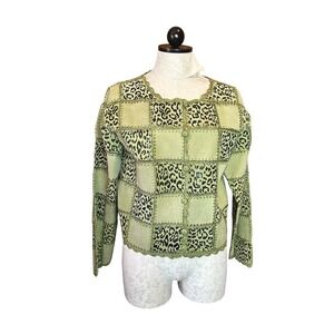 SMH Boutique VTG Green Leather Leopard Patchwork Crochet Trim Jacket Sz S